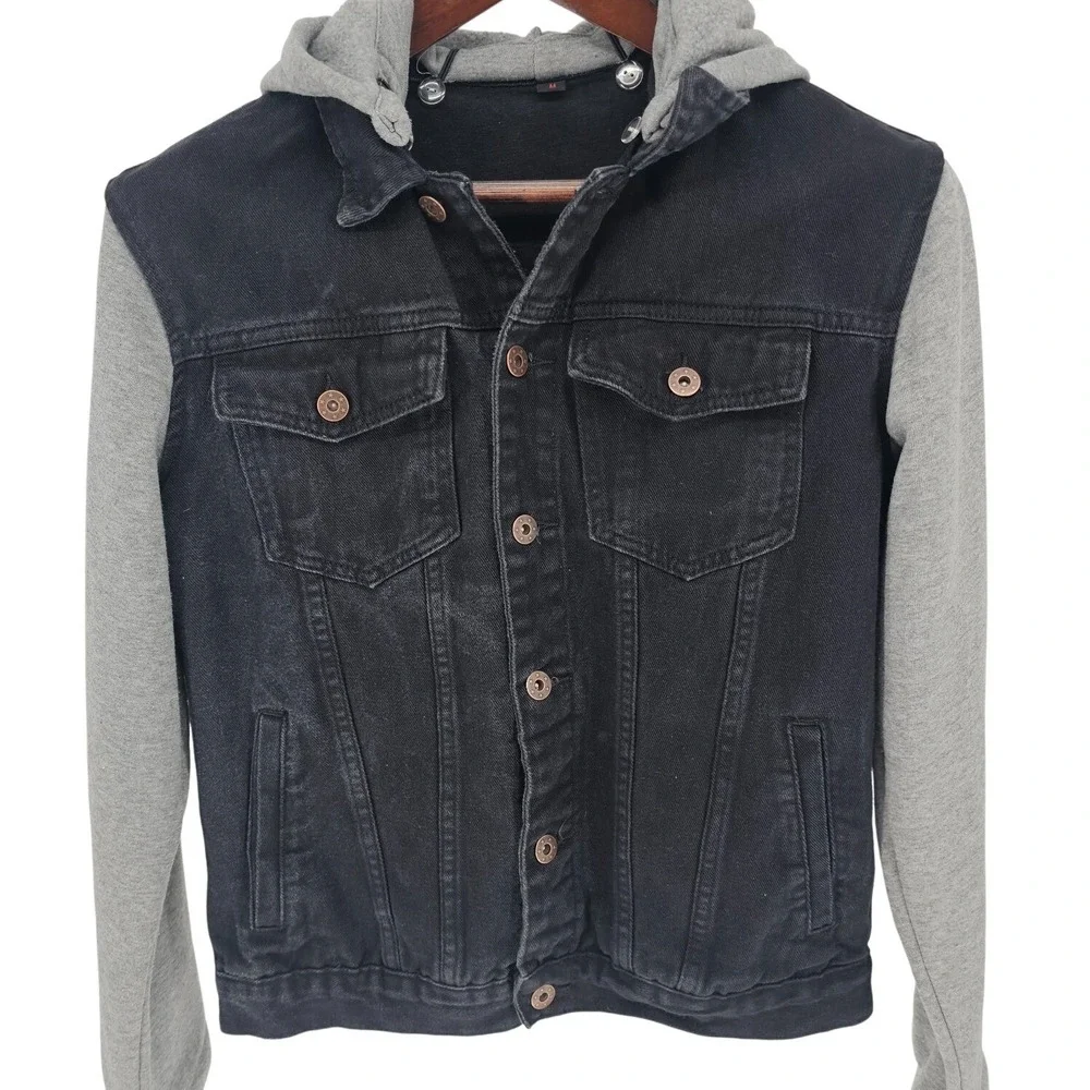 Maximos USA by R&B Denim Jacket Mens‎ Black Trucker Jean Jacket Detachable Hood